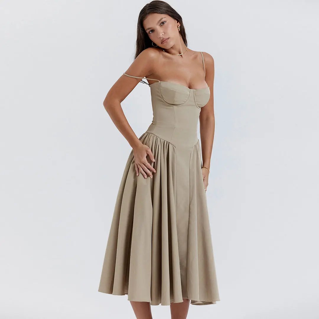 Sexy Demi Neck Drop Waist Fit and Flare Midi Cami Sundress - Khaki  Fashionpara
