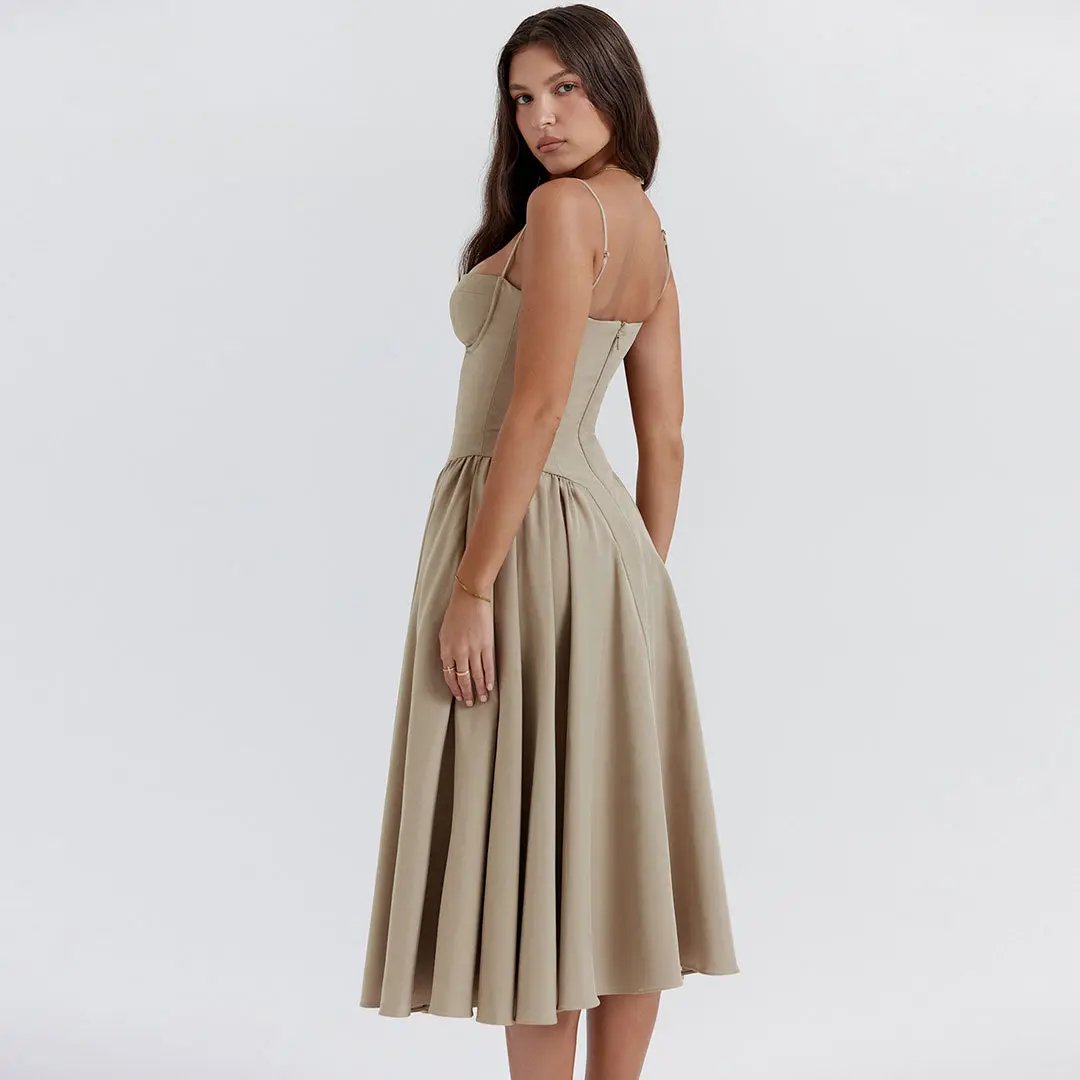 Sexy Demi Neck Drop Waist Fit and Flare Midi Cami Sundress - Khaki  Fashionpara