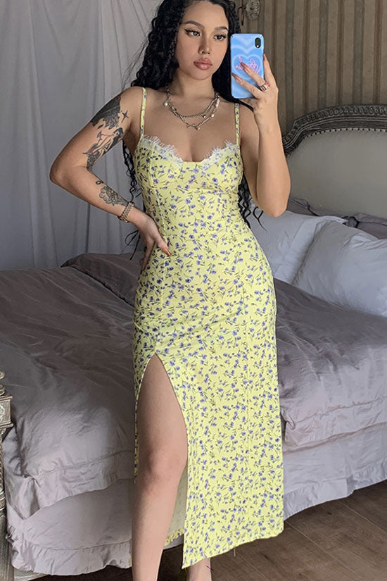 Sexy Eyelash Sweetheart Spaghetti Strap High Split Summer Floral Midi Sundress - Yellow  Fashionpara