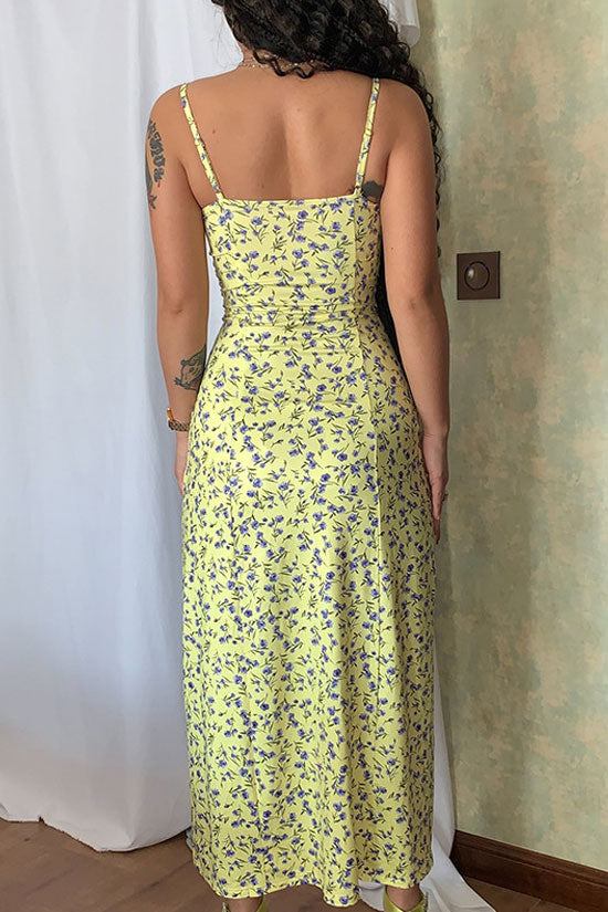 Sexy Eyelash Sweetheart Spaghetti Strap High Split Summer Floral Midi Sundress - Yellow  Fashionpara