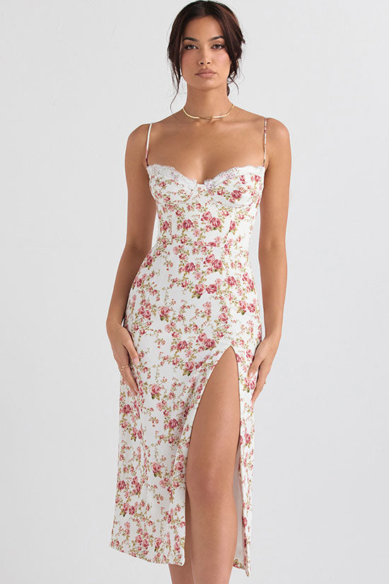Sexy Eyelash Sweetheart Spaghetti Strap High Split Summer Floral Midi Sundress - Red  Fashionpara