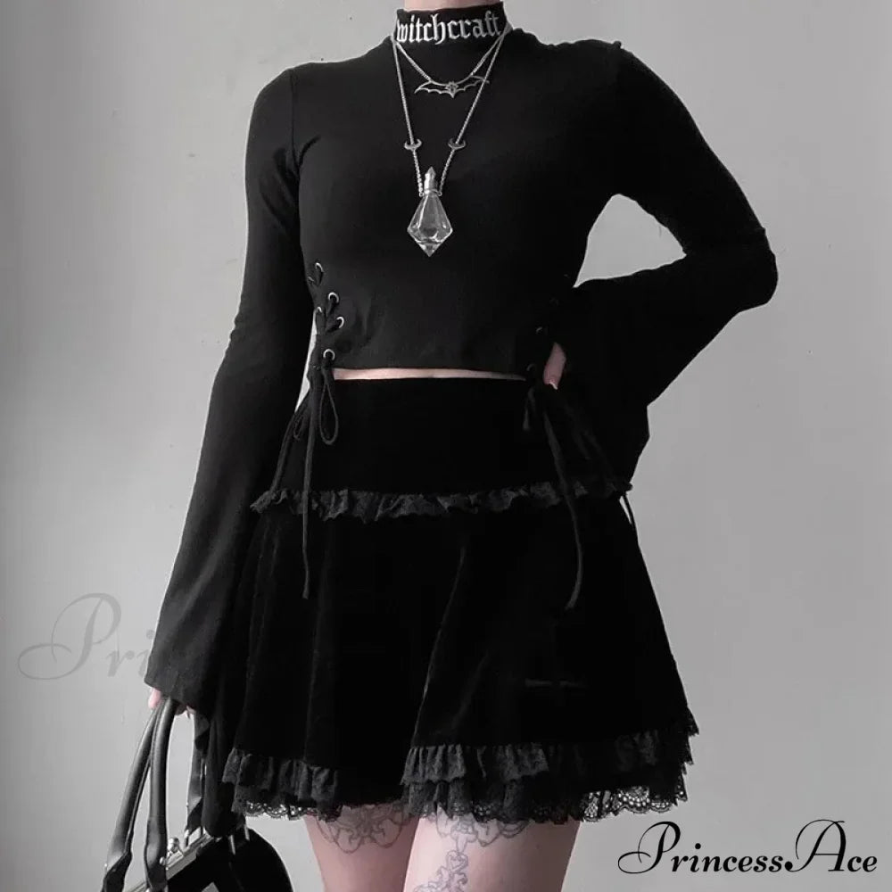 Sexy Fashion Summer Embroidery Black Gothic Casual Stylish Lace Trim Skirt