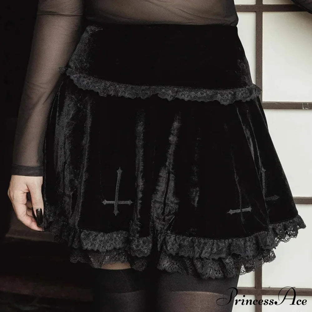 Sexy Fashion Summer Embroidery Black Gothic Casual Stylish Lace Trim Skirt