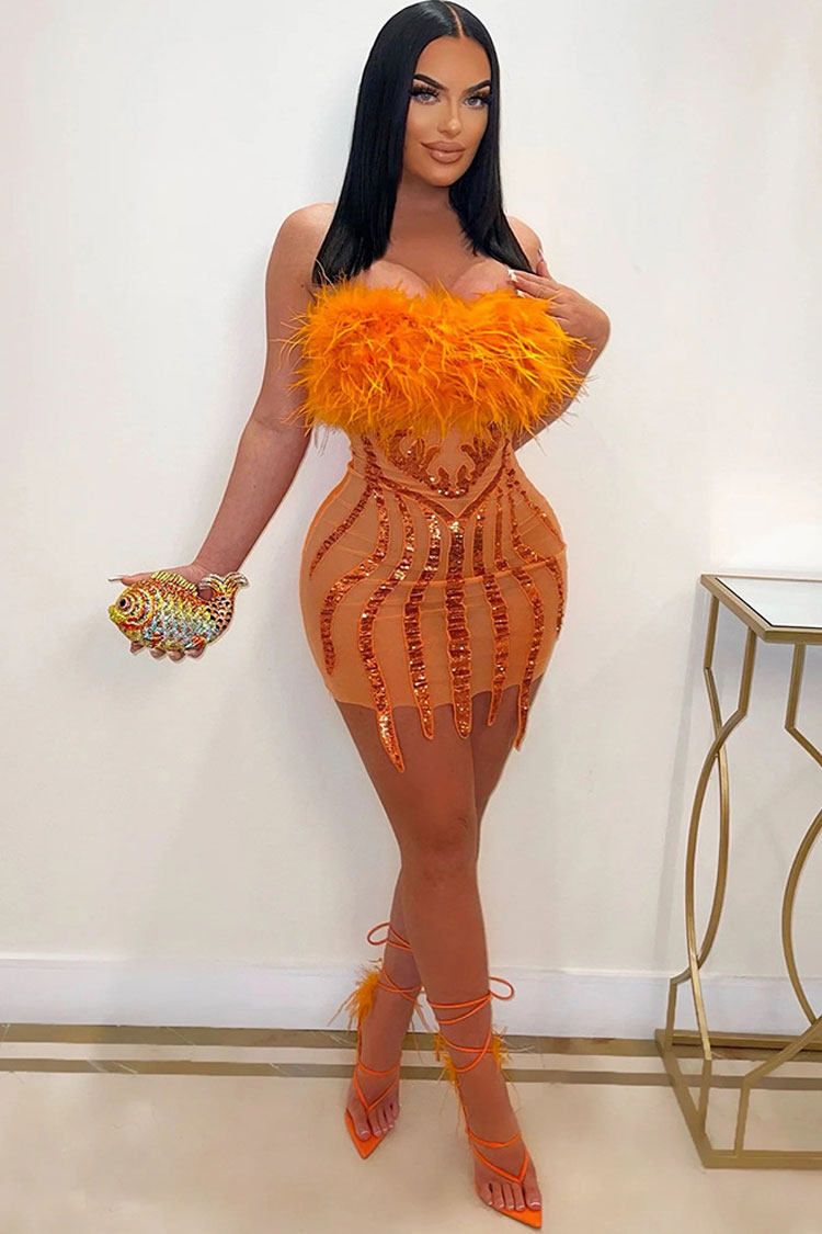 Sexy Faux Fur Strapless Sequin Sheer Mesh Club Mini Dress - Burnt Orange - Fashionpara
