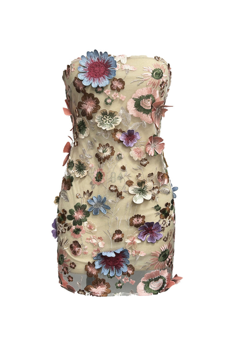 Sexy Floral Embroidered Strapless Mesh Bodycon Party Micro Mini Dress - Fashionpara