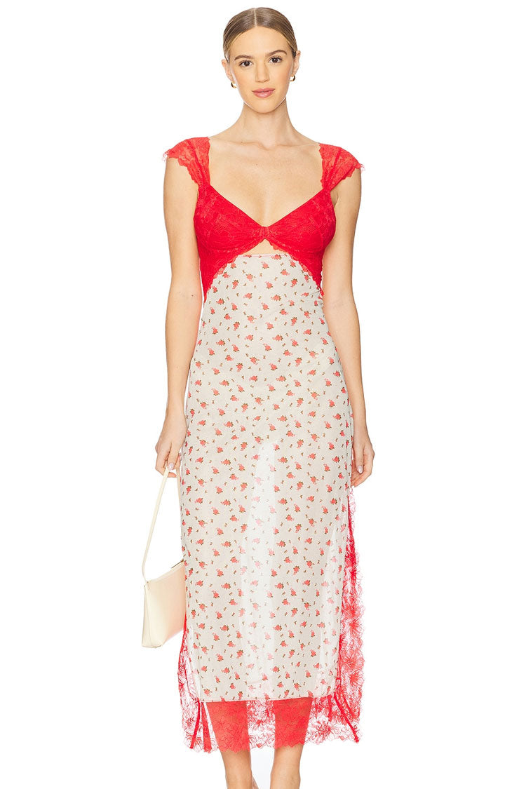 Sexy Floral Print Scalloped Lace Cap Sleeve Cutout Summer Slip Midi Dress