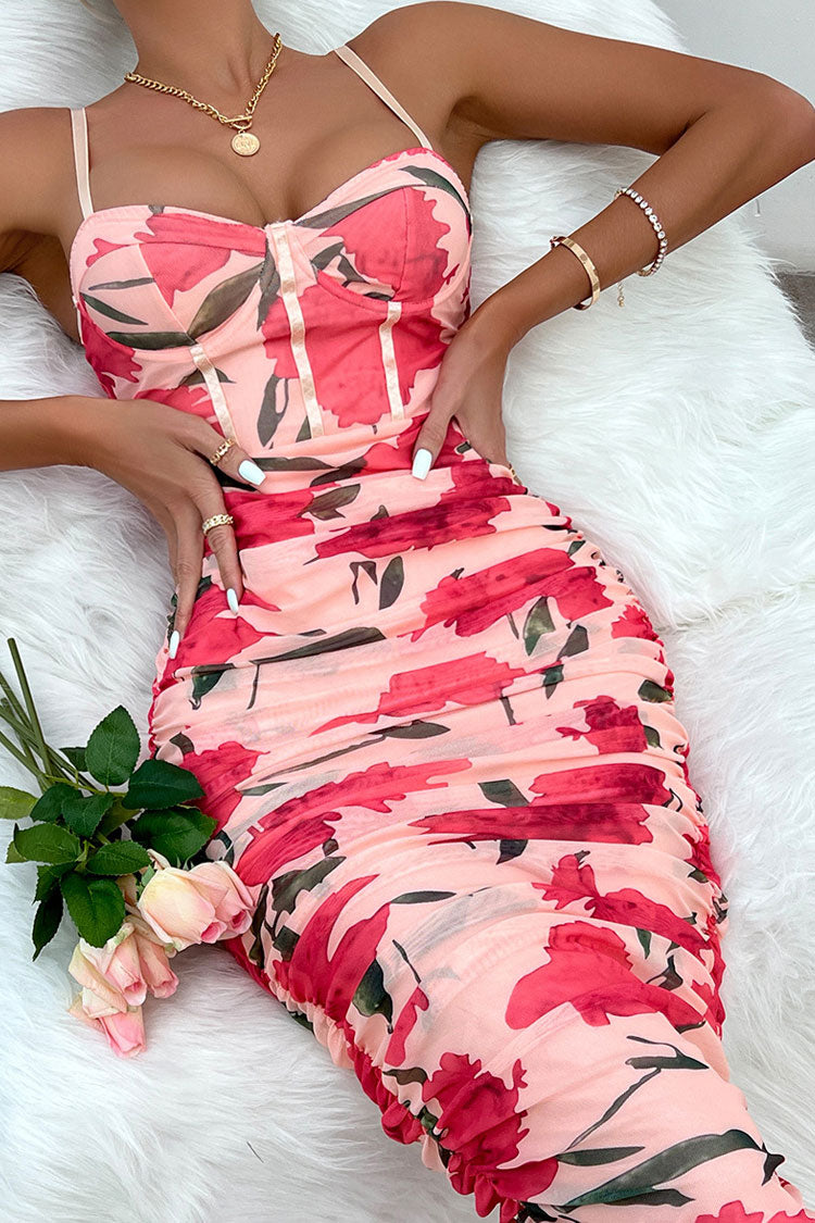 Sexy Floral Printed Mesh Ruched Bodycon Cocktail Party Midi Dress - Pink - Fashionpara