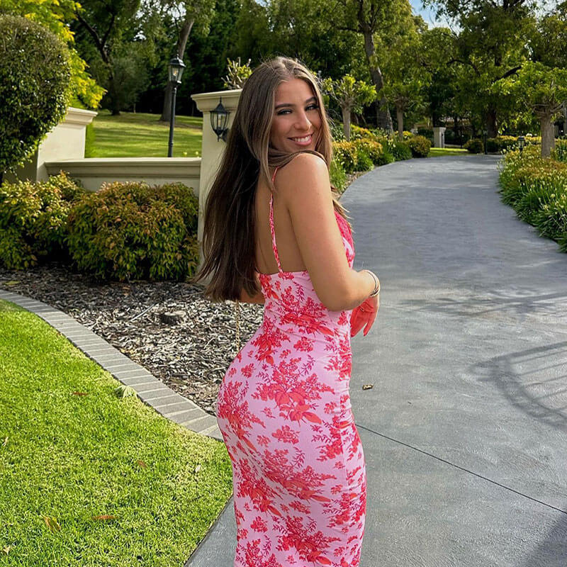 Floral Spaghetti Strap Deep V-Neck Lace Trim Bodycon Midi Dress - View 3