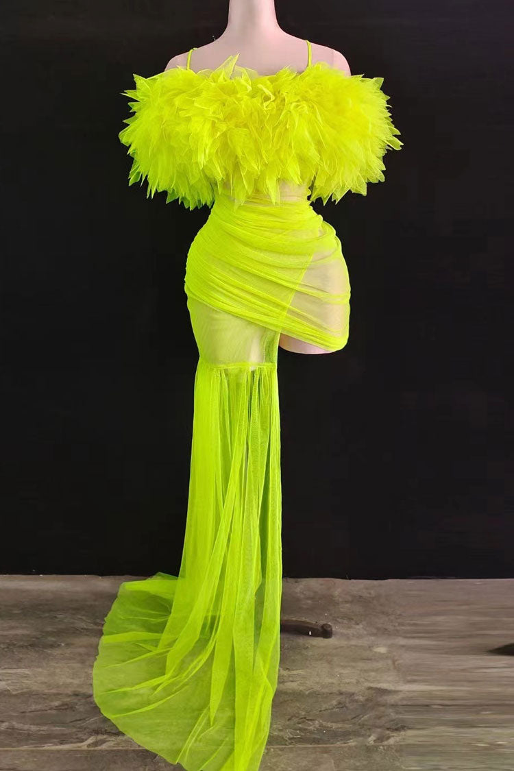 Sexy Gloved Ruffle Off Shoulder Draped Sheer Ruched Mesh Mini Dress - Neon Yellow  Fashionpara