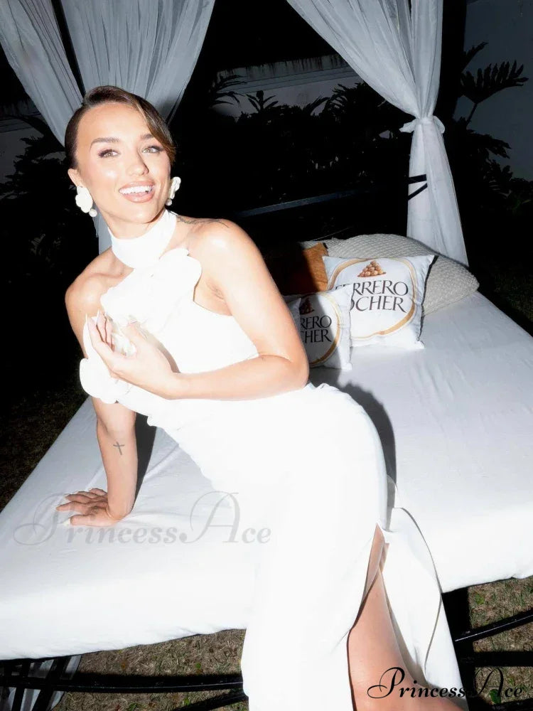 Sexy Halter Backless 3D Flower White Sleeveless High Split Christmas Party Dress