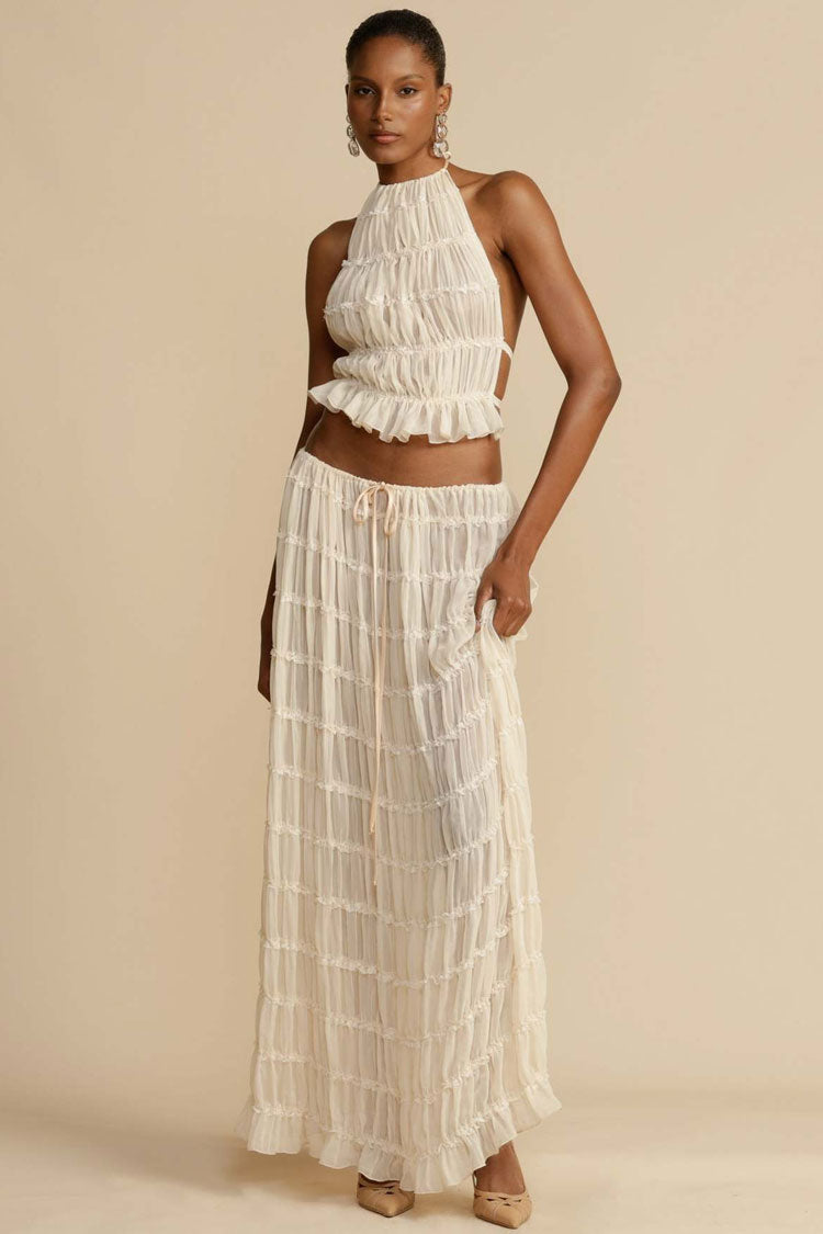 Sexy Halter Backless Lettuce Trim Ruched Chiffon Top Two Piece Maxi Dress