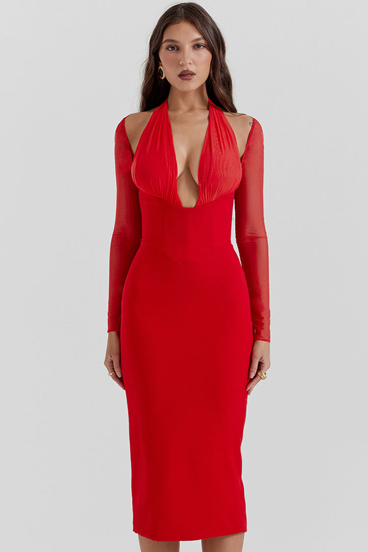 Deep V-Neck Long Sleeve Cold Shoulder Ruched Corset Bodycon Midi Dress