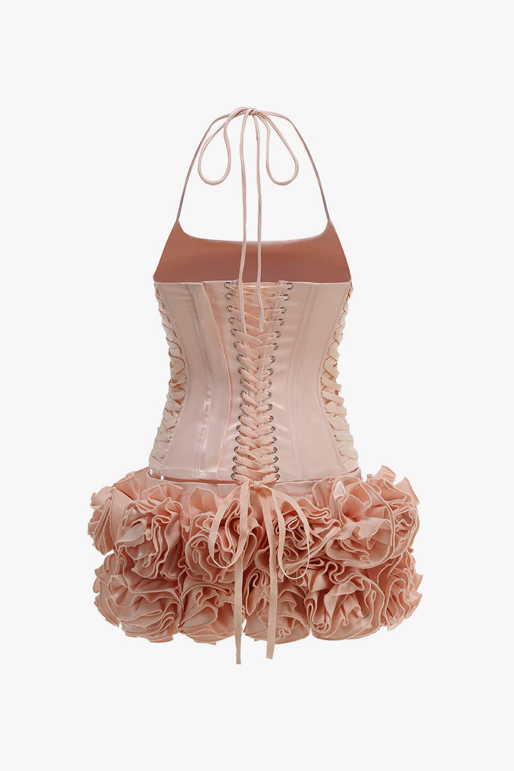 Sexy Halter Lace Up Corset Tiered Rosette Skirt Two Piece Mini Dress