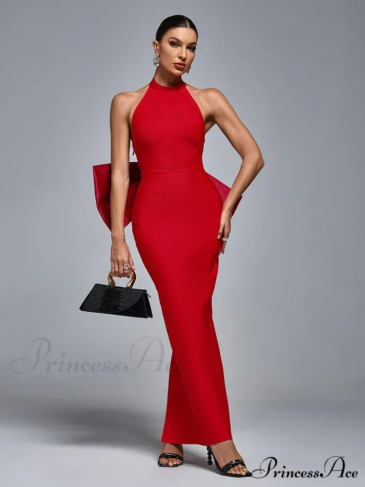 Sexy Halter Neck Backless Bow Design Red Sleeveless Bodycon Christmas Party Dress