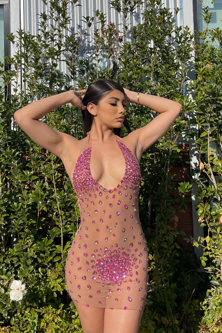 Sexy Halter Neck Backless Velvet Sheer Mesh Rhinestone Club Mini Dress - Rose  Fashionpara