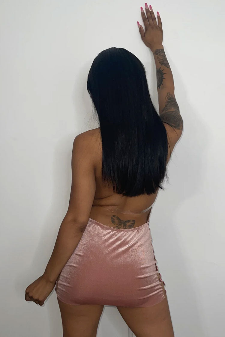 Sexy Halter Neck Backless Velvet Sheer Mesh Rhinestone Club Mini Dress - Rose  Fashionpara