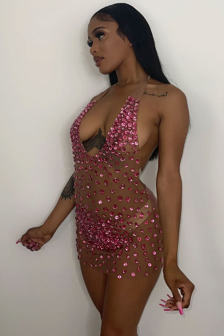 Sexy Halter Neck Backless Velvet Sheer Mesh Rhinestone Club Mini Dress - Rose  Fashionpara
