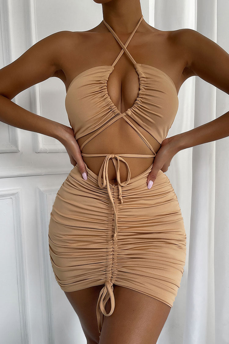 Sexy Halter Neck Cutout Drawstring Tie Ruched Bodycon Party Mini Dress - Khaki  Fashionpara
