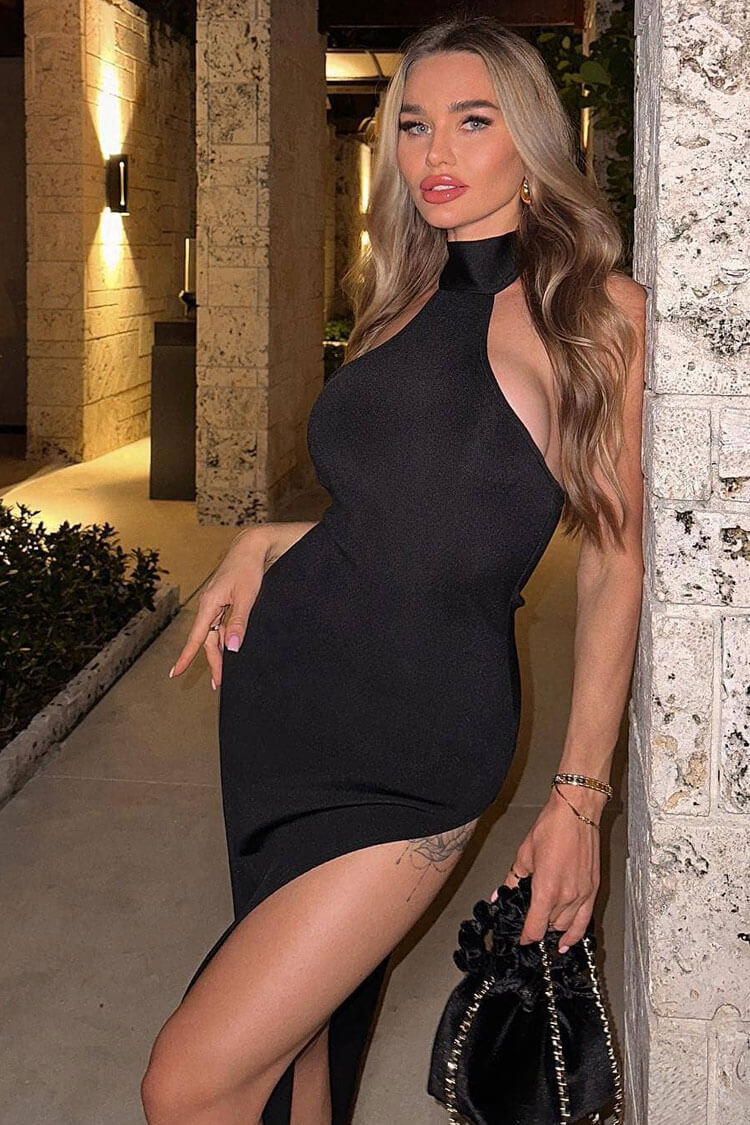 Halter Neck Sleeveless High Split Bodycon Maxi Dress - View 4