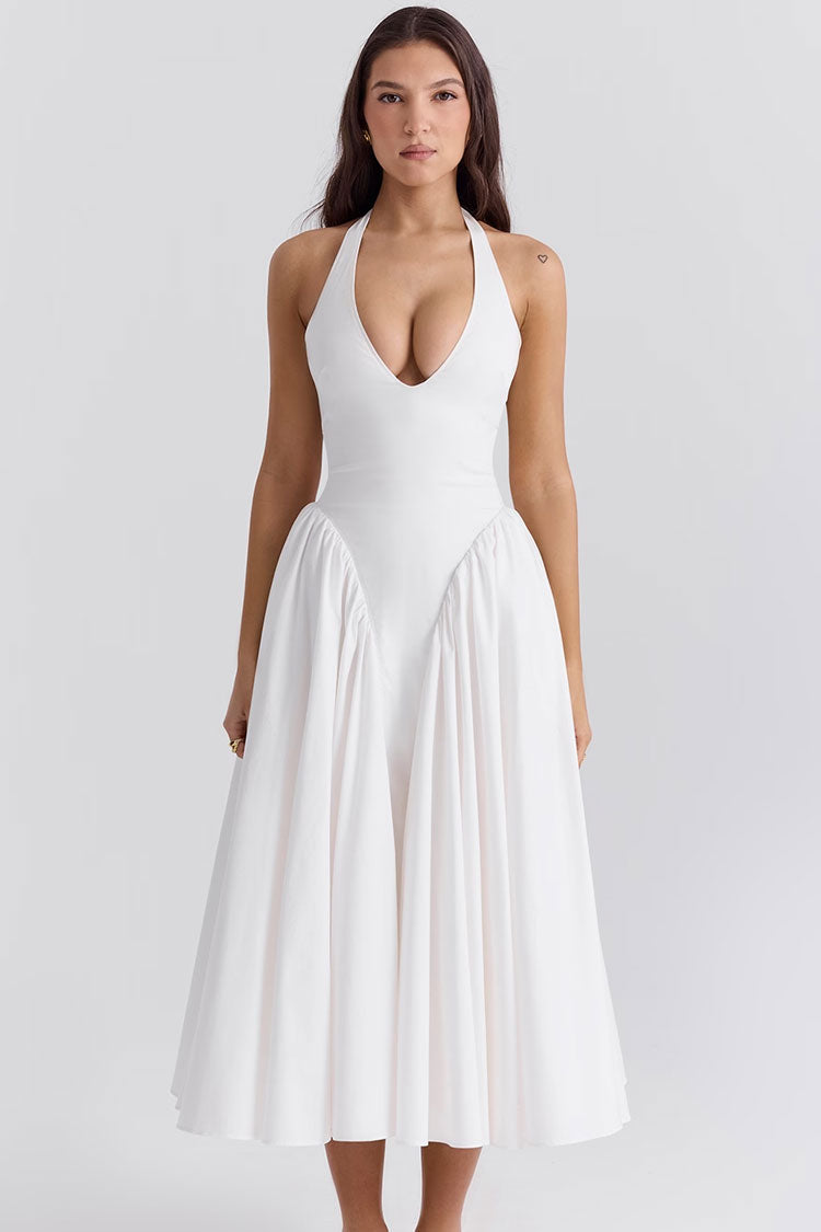 Sexy Halter Open Back Drop Waist Tulle Trim Fit & Flare Cocktail Midi Dress