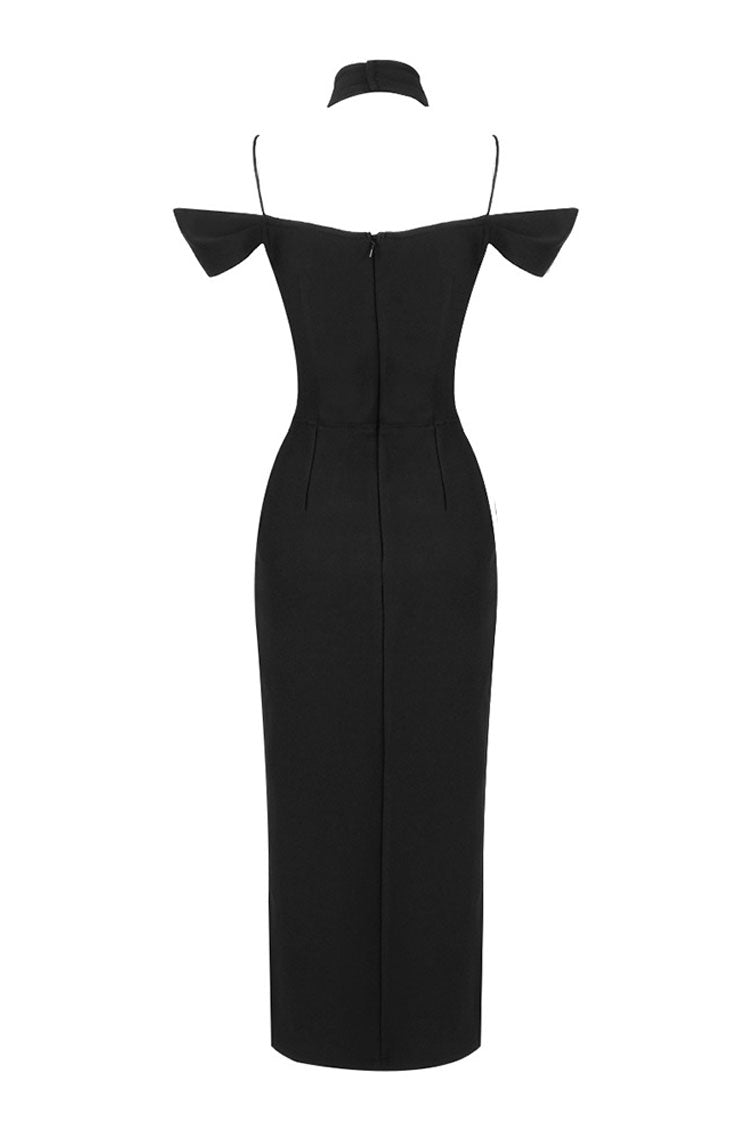 Sexy Halter V Neck Cutout Shoulder Bandage Split Cocktail Midi Dress - Black