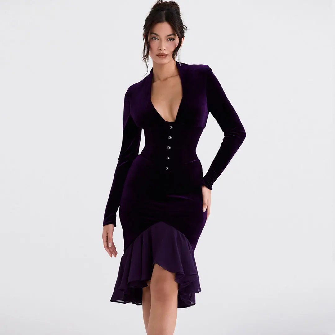 Sexy High Low Mesh Panel Ruffle Hem Long Sleeve Velvet Mini Dress - Purple  Fashionpara