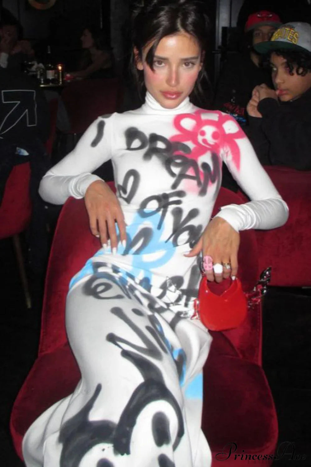 Sexy High Neck Graffiti Color Block Bodycon Maxi Dress