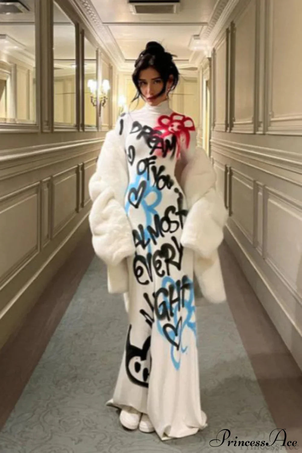 Sexy High Neck Graffiti Color Block Bodycon Maxi Dress White / S