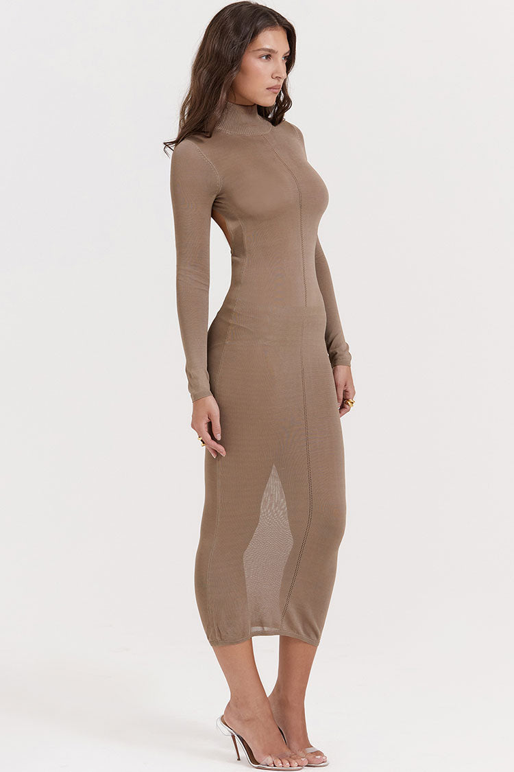 High Neck Long Sleeve Cutout Back Fit Sweater Midi Dress - Khaki - View 5