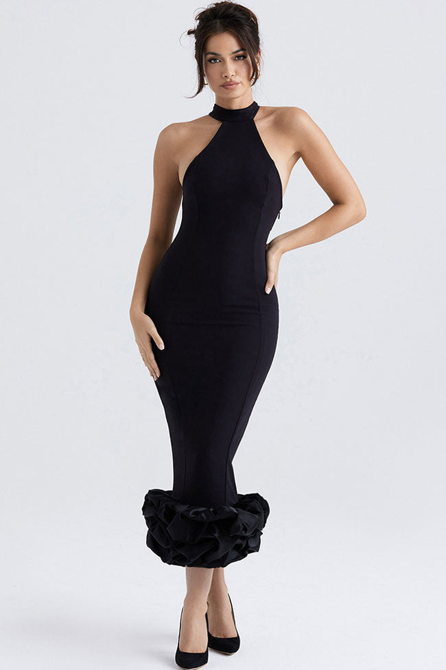 High Neck Sleeveless Ruffle Hem Bodycon Midi Dress