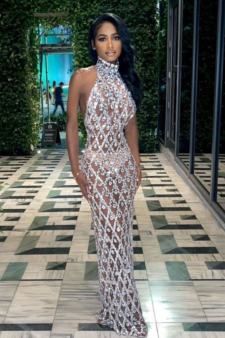 Sexy High Neck Sleeveless Sheer Mesh Rhinestone Sequin Evening Maxi Dress - Silver  Fashionpara