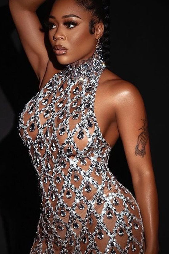 Sexy High Neck Sleeveless Sheer Mesh Rhinestone Sequin Evening Maxi Dress - Silver  Fashionpara