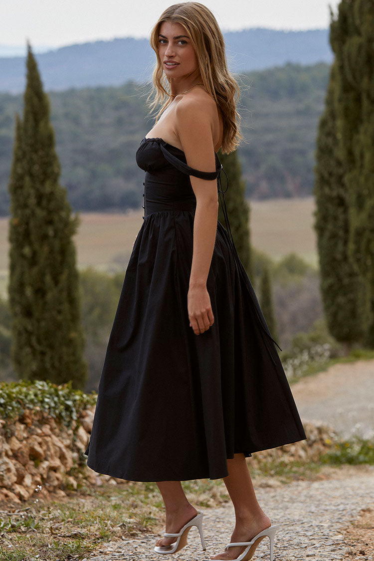 Sexy Lace Square Neck Lace Up Back Fit & Flare Midi Sundress - Black  Fashionpara