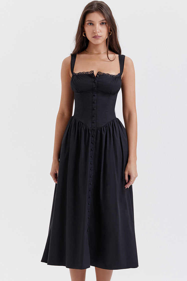 Sexy Lace Square Neck Lace Up Back Fit & Flare Midi Sundress - Black  Fashionpara