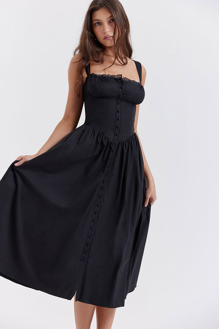 Sexy Lace Square Neck Lace Up Back Fit & Flare Midi Sundress - Black  Fashionpara