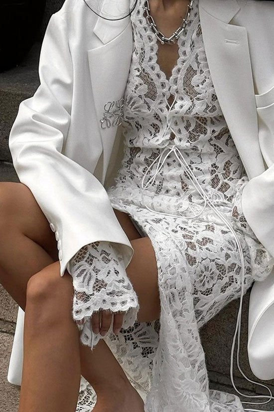 Sexy Lace Up Scalloped Plunge Long Sleeve Sheer Lace Maxi Dress