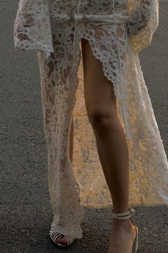 Sexy Lace Up Scalloped Plunge Long Sleeve Sheer Lace Maxi Dress