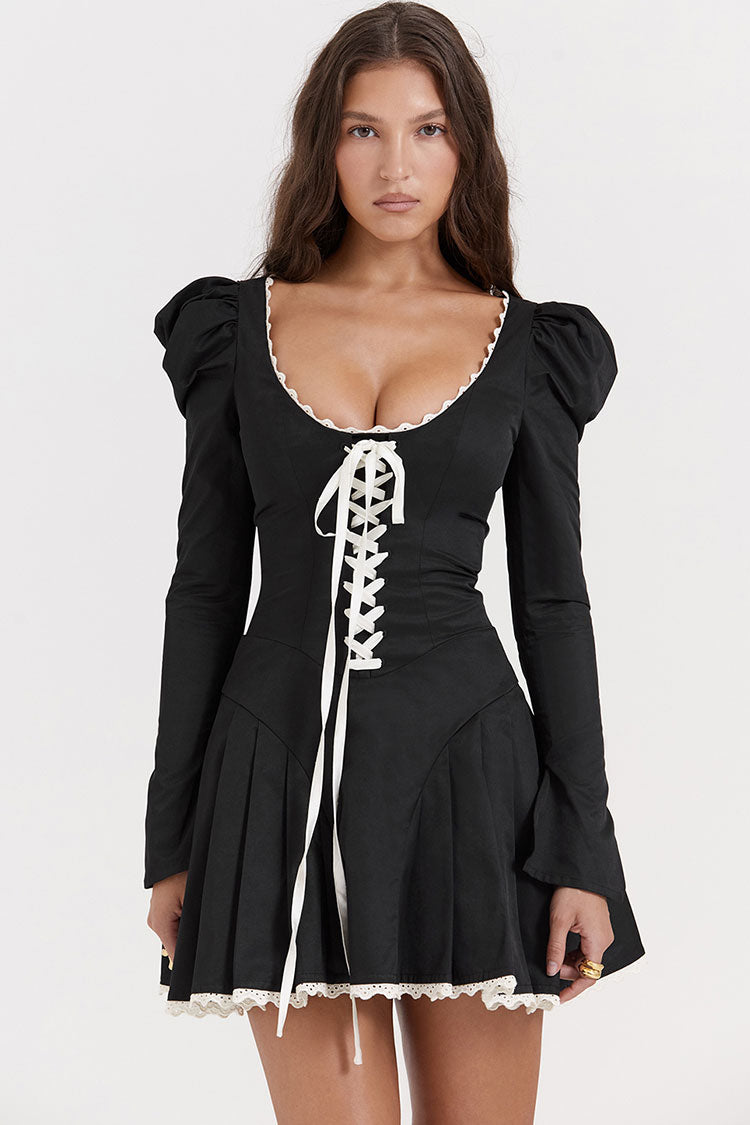 Lace Up Scoop Neck Puff Sleeve Ruffle Party Mini Dress - Black