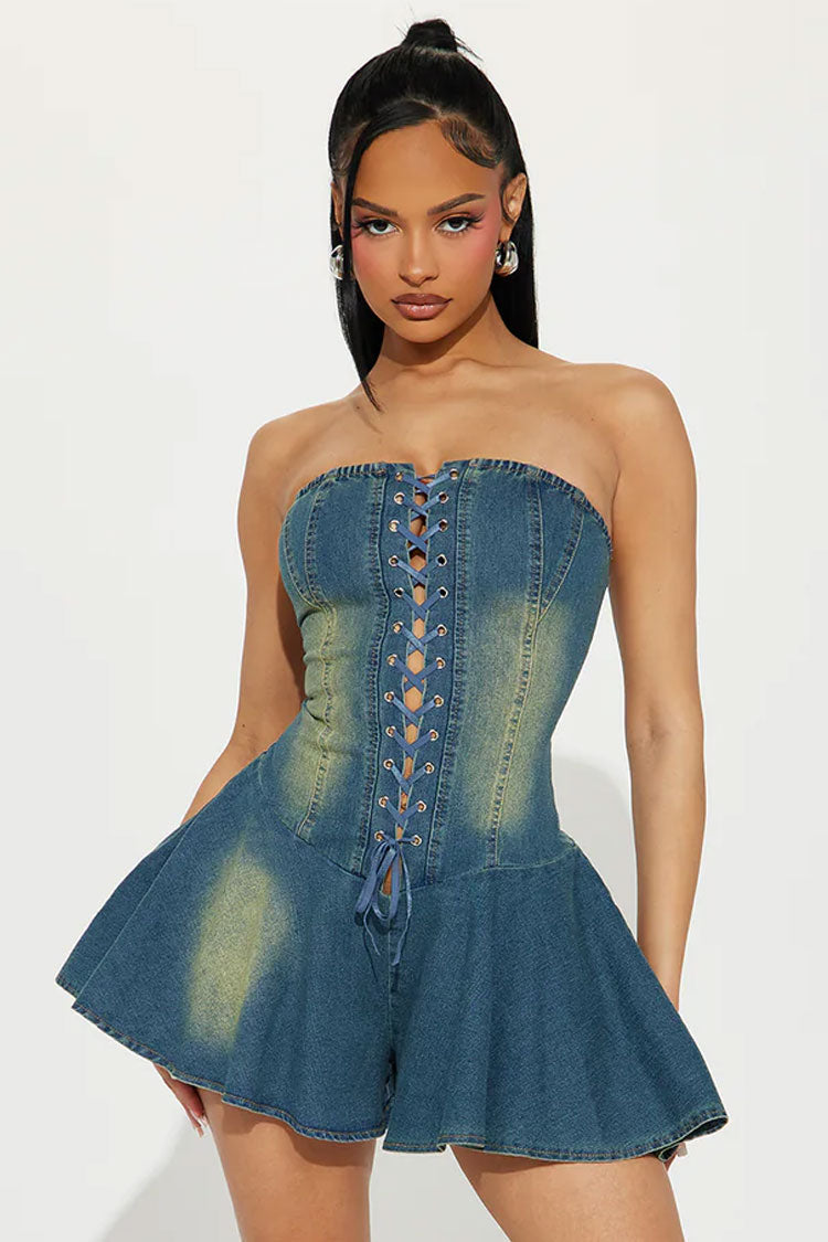 Sexy Lace Up Tie Front Strapless Ruffle Drop Waist Washed Denim Mini Dress
