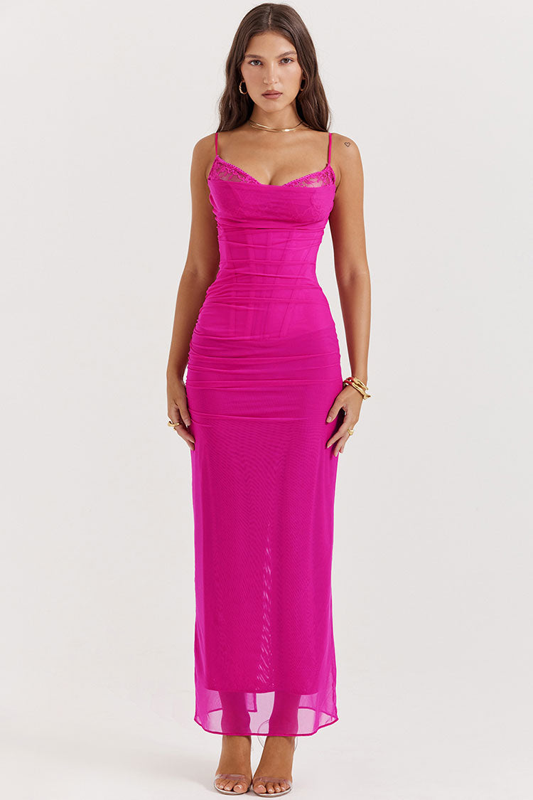 Sexy Lace V Neck Mesh Ruched Corset Cami Evening Maxi Dress - Hot Pink  Fashionpara
