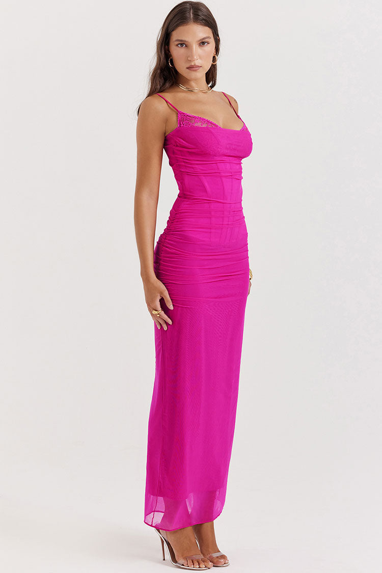 Spaghetti Strap Lace Trim Ruched Mesh Bodycon Maxi Dress - View 5