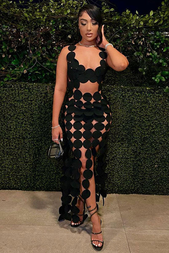 Sexy Laser Cut Sleeveless Cutout Multi Circle Fringe Sheer Maxi Dress - Black  Fashionpara