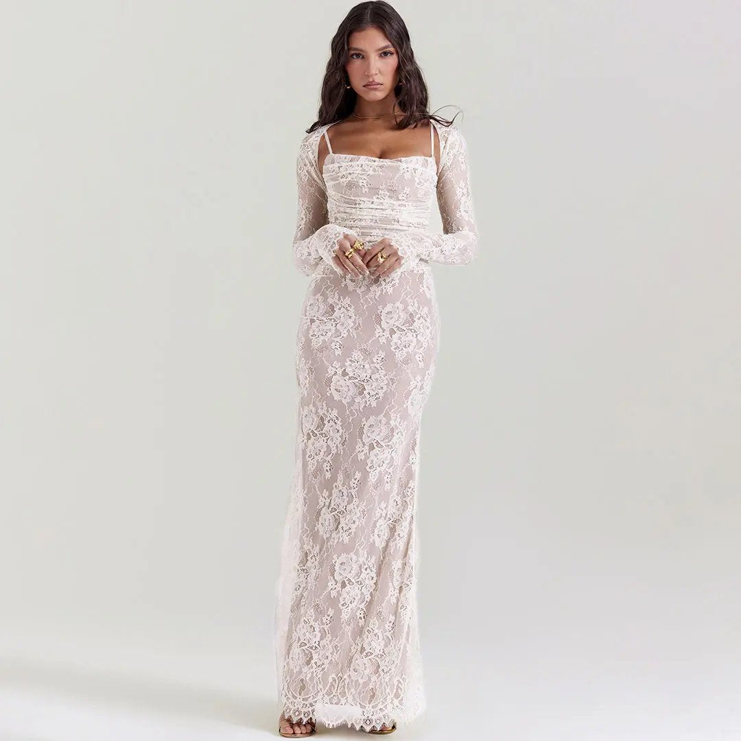 Sexy Layered Shrug Ruched Lace Maxi Fishtail Evening Dress - Cream - Fashionpara