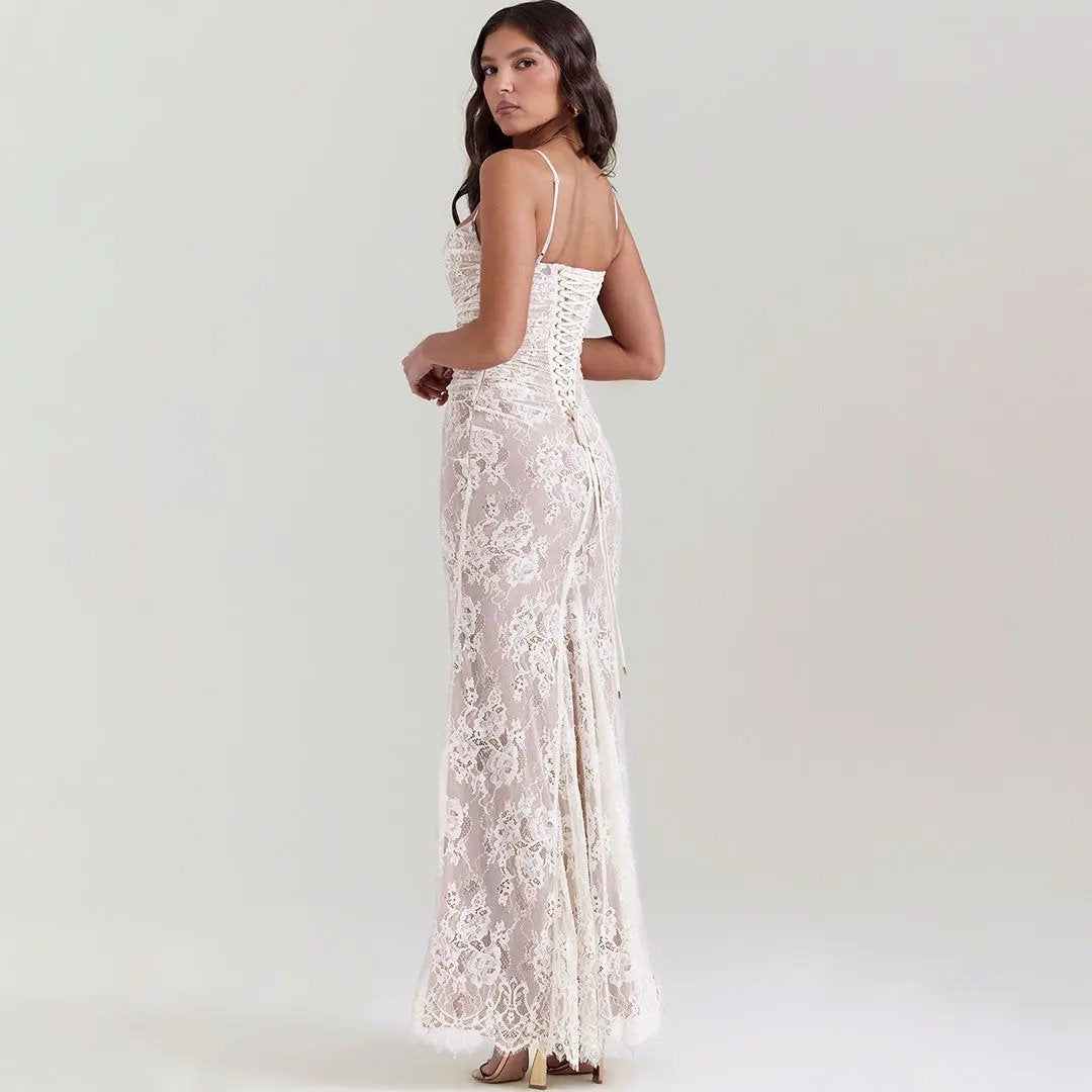 Sexy Layered Shrug Ruched Lace Maxi Fishtail Evening Dress - Cream - Fashionpara
