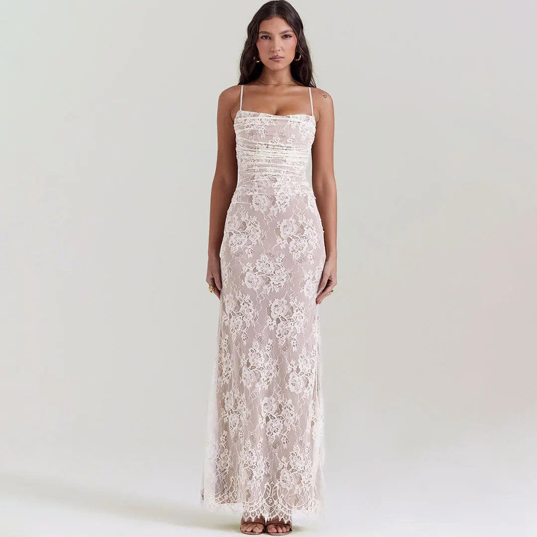 Sexy Layered Shrug Ruched Lace Maxi Fishtail Evening Dress - Cream - Fashionpara