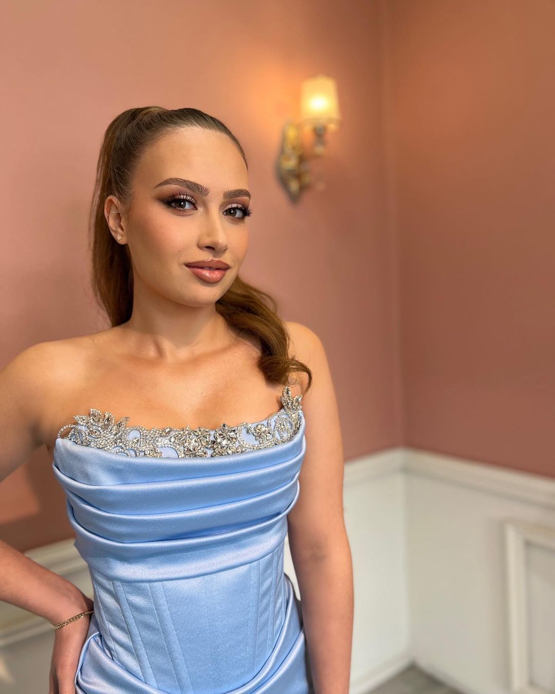 Sexy Mermaid Blue Strapless Lace Slit Prom Dress With Rhinestone - Fashionpara