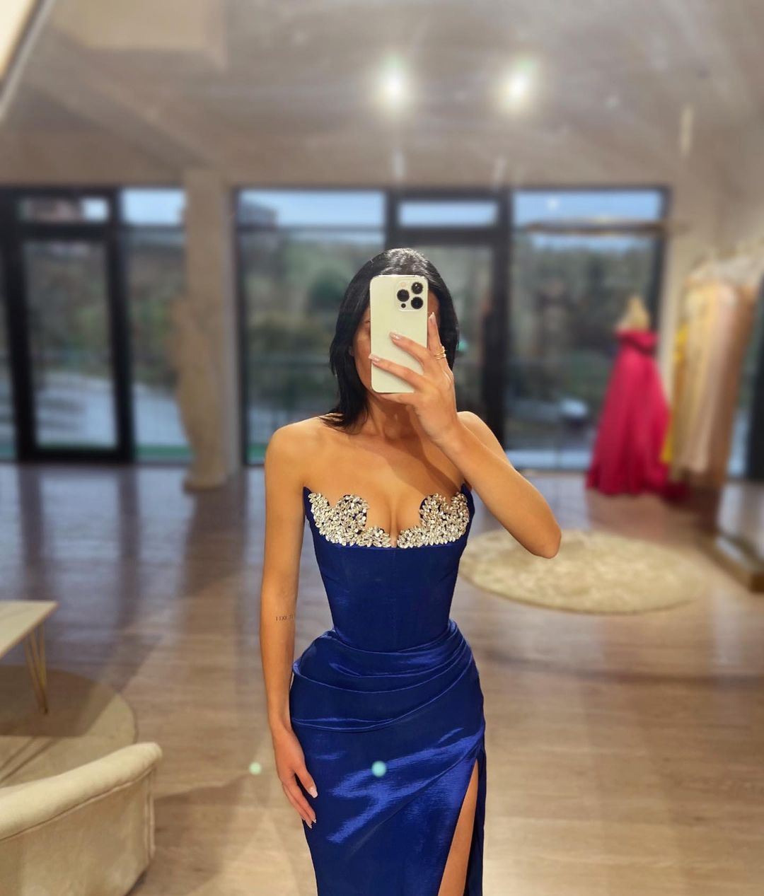 Sexy Long Column Royal Blue Sleeveless Split Prom Dress With Rhinestones - Fashionpara