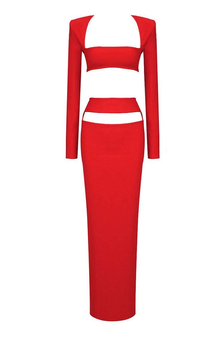 Sexy Long Sleeve Bra Top High Waist Cutout Bandage Two Piece Maxi Dress - Fashionpara