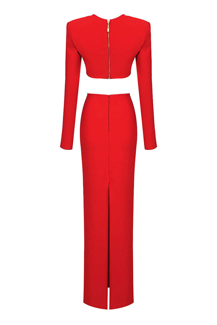 Sexy Long Sleeve Bra Top High Waist Cutout Bandage Two Piece Maxi Dress - Fashionpara