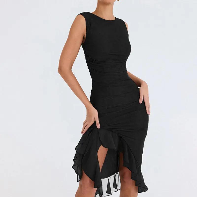 Sexy Mesh Ruched Crew Neck Sleeveless Bodycon Ruffle Cocktail Midi Dress - Black  Fashionpara